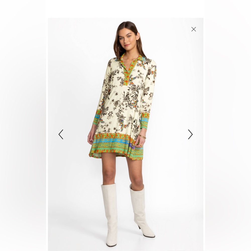 Johnny Was Cream Floral Border-Print Tunic Dress with Green & Turquoise Accents